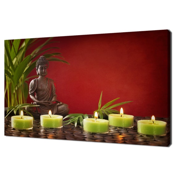 Buddha Statue With Green Candles Ethnic Zen Red Modern Design Home Decor Print Wall Art Picture