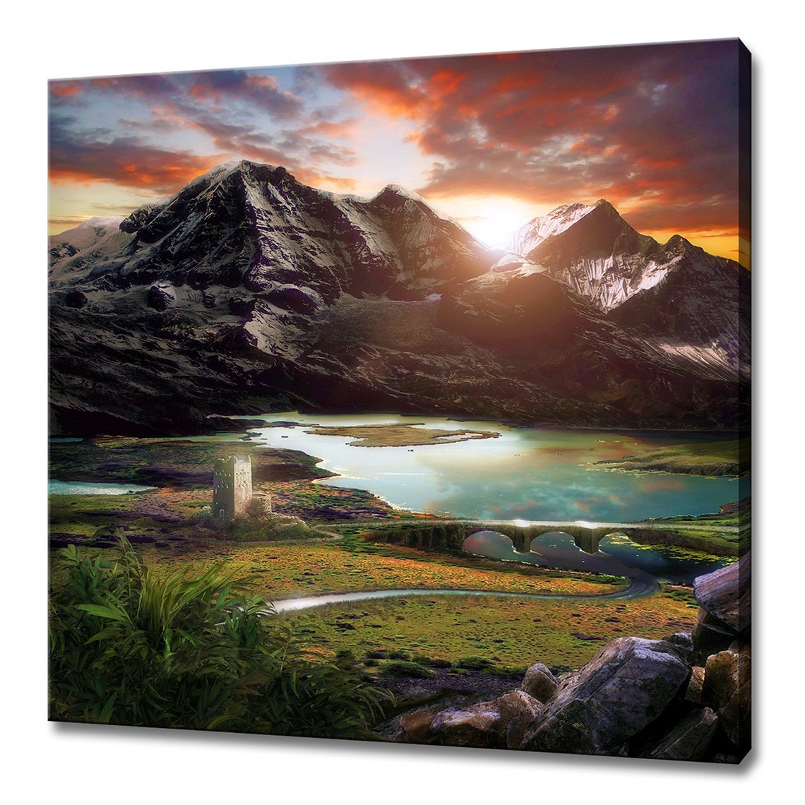 Fantasy Majestic Lake Mountains Castle Sunset Modern Design Home Decor Print Wall Art Picture Wall Hanging