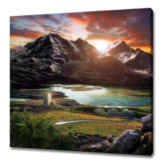 Fantasy Majestic Lake Mountains Castle Sunset Modern Design Home Decor Print Wall Art Picture Wall Hanging