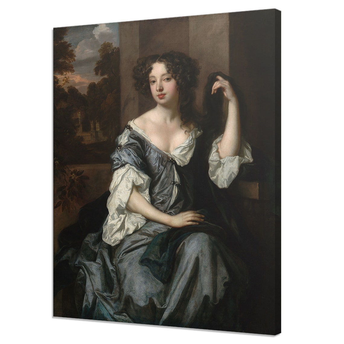 Baroque Seated Lady Grey Silk Gown Antique Oil Portrait Print