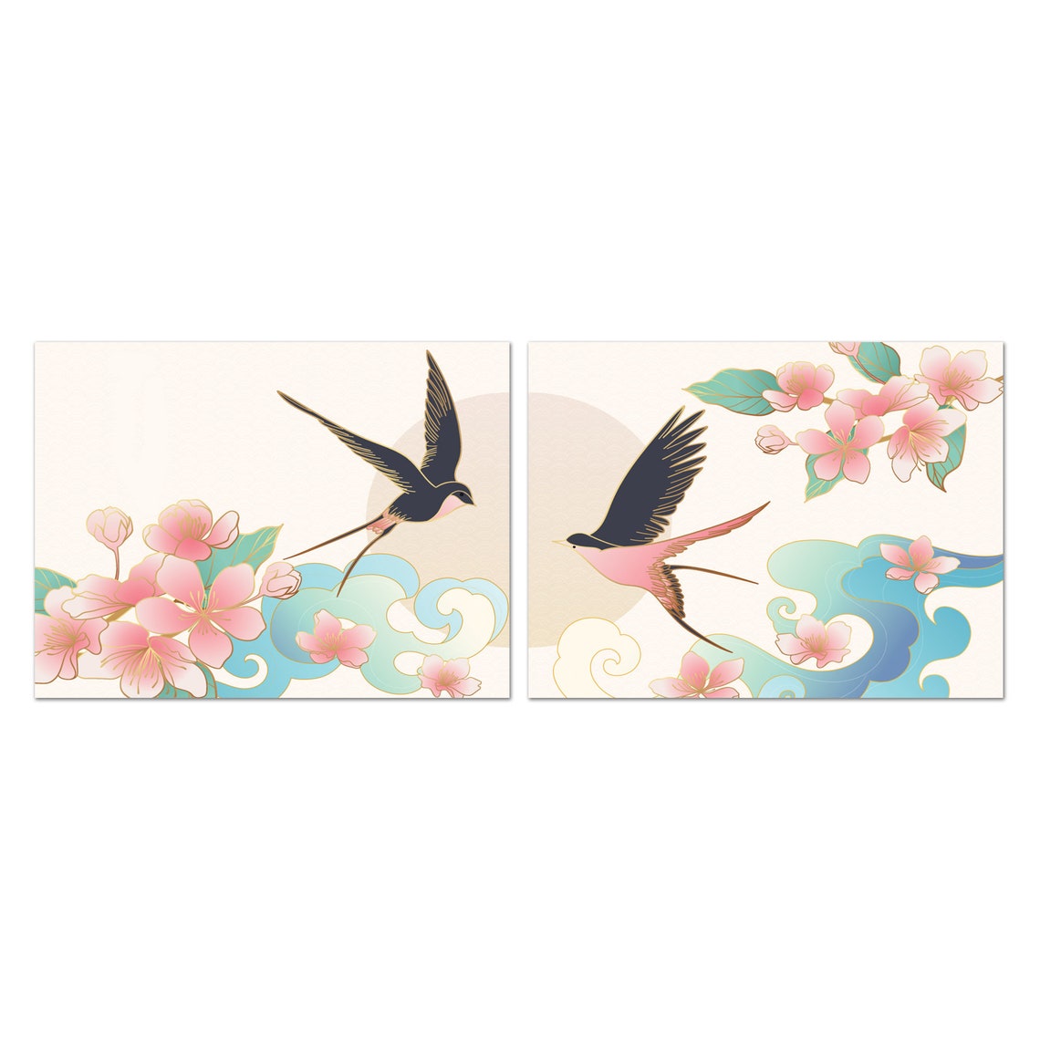 Japanese Swallows And Cherry Blossoms Two Panel Oriental Art Poster