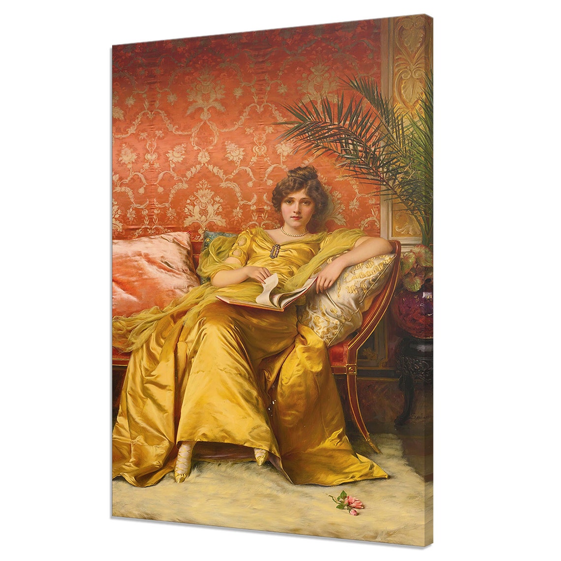 Elegant Lady With Yellow Golden Dress Vintage Painting Print Antique Female Portrait Beautiful Romantic Vintage Fine Art Print