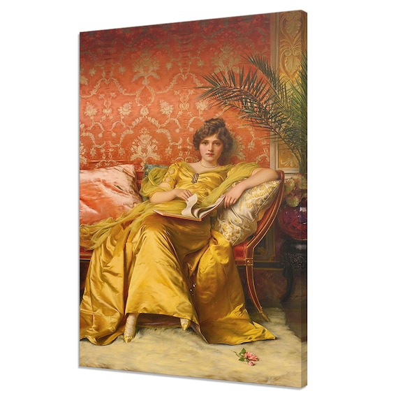 Elegant Lady In Golden Yellow Dress Reclining Vintage Portrait Art Poster