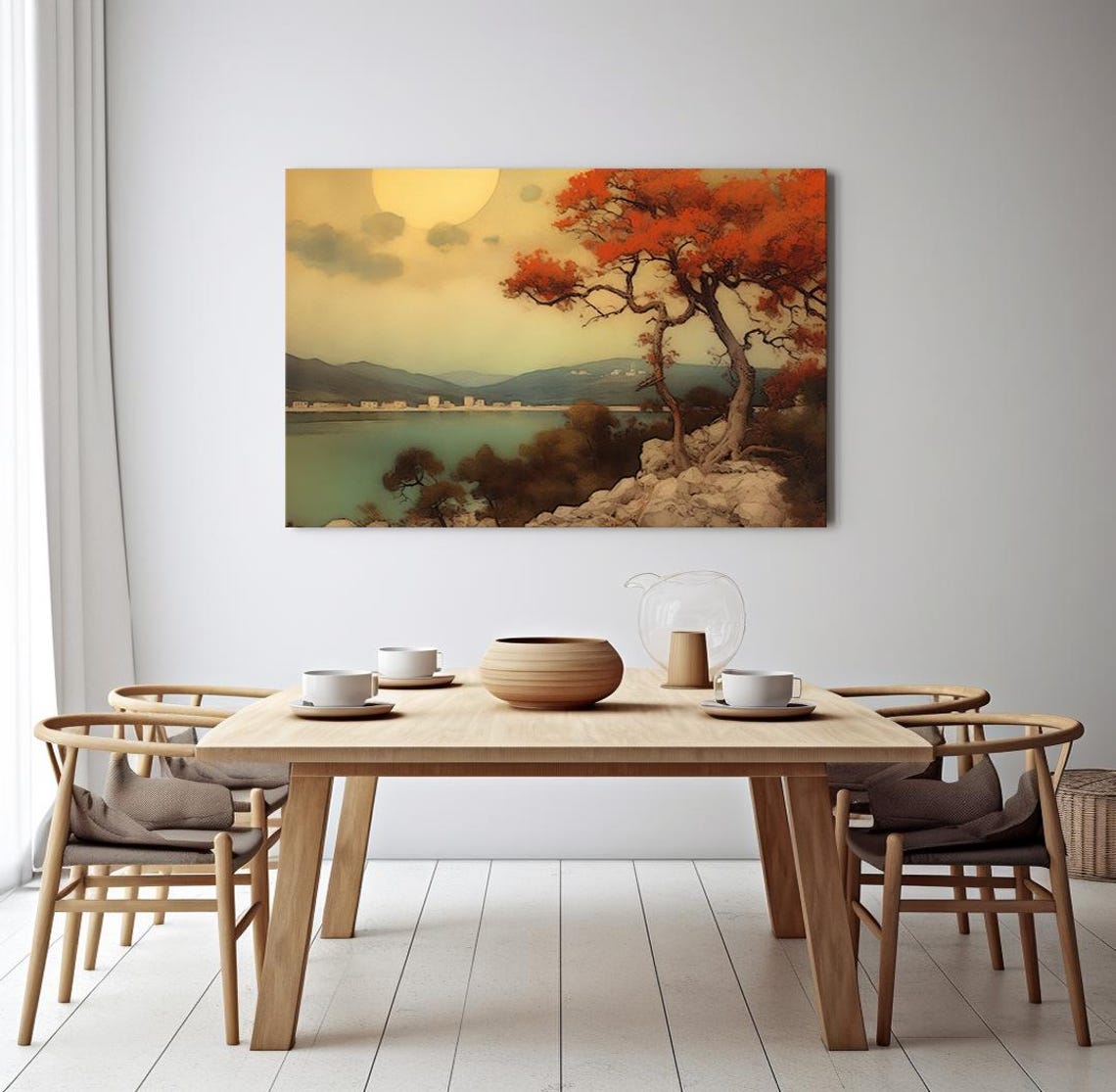 Red Autumn Tree By Lake Sunset Town Shore Vintage Landscape Poster - Image 3