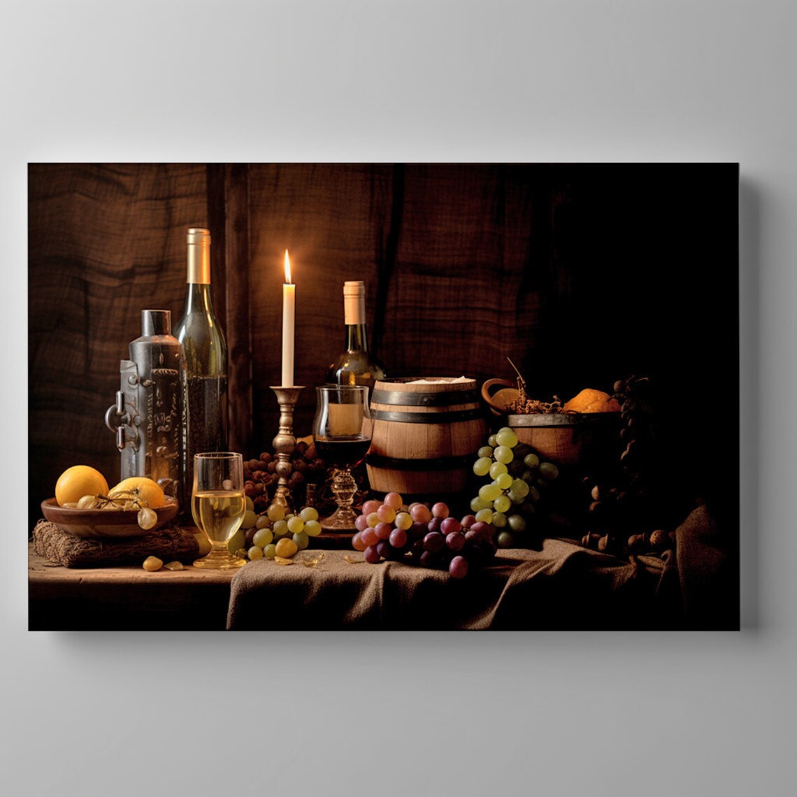 Vintage Wine Bottles Glasses Grapes And Candle Dark Rustic Still Life Poster - Image 3