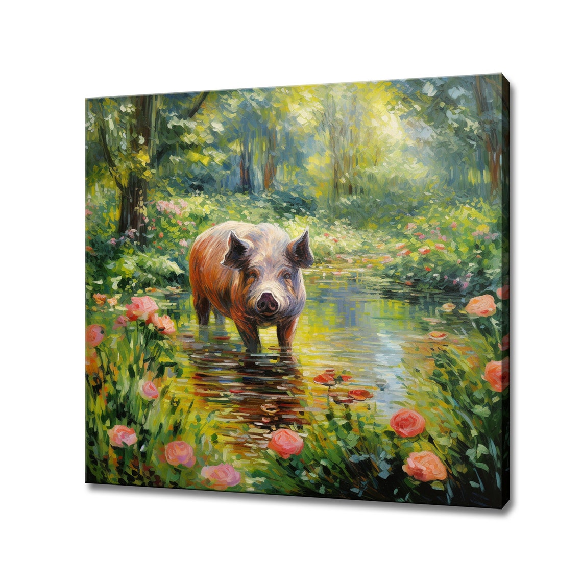 Wild Boar Standing In Forest Pond With Roses Impressionist Poster