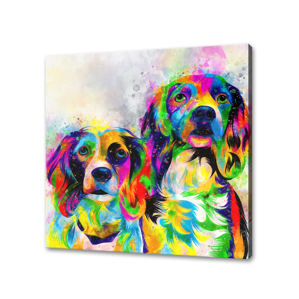 Two Spaniel Dogs Portrait Rainbow Watercolour Pet Art Poster