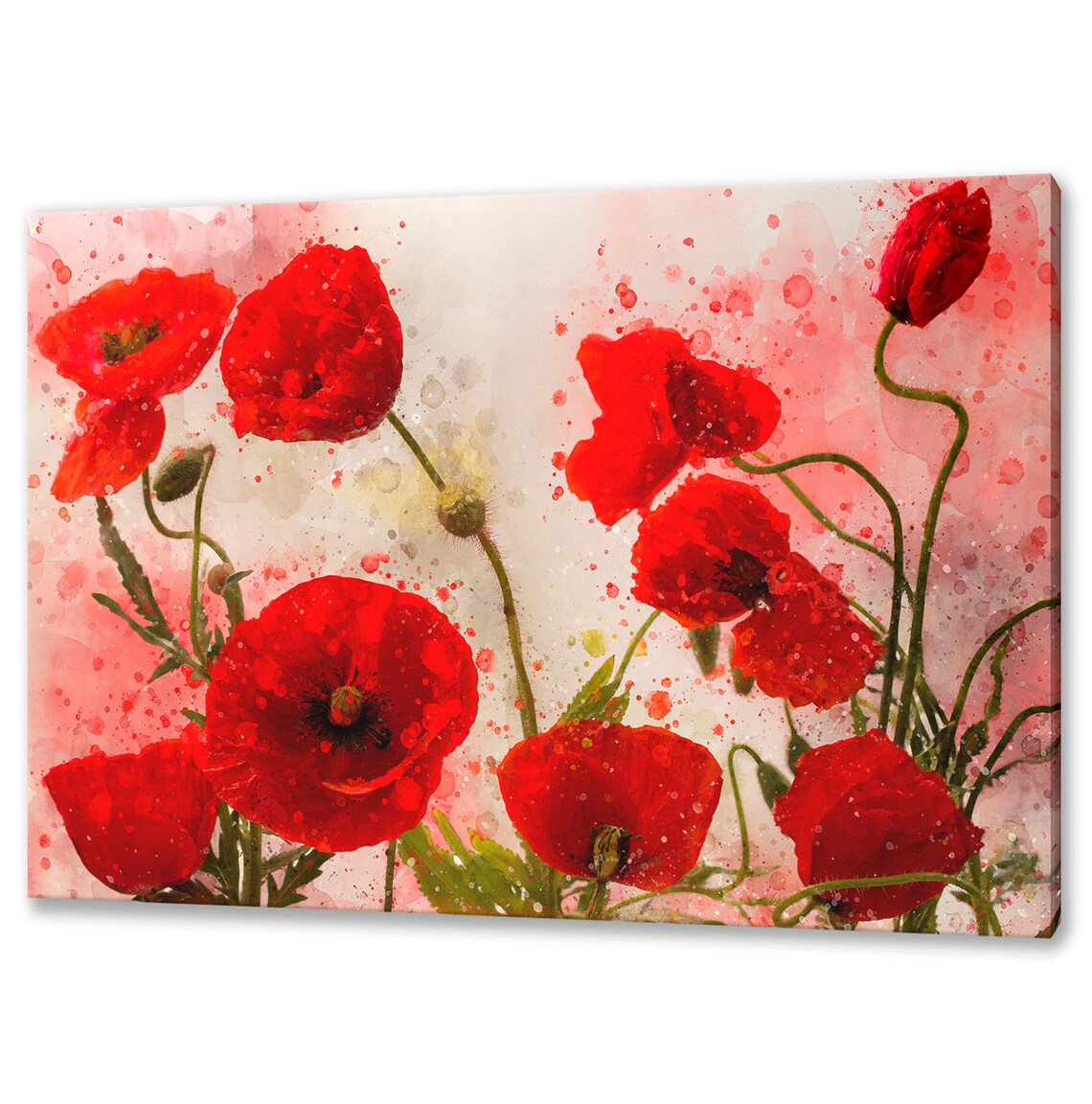 Red Poppies Watercolour Splash On Pink Background Floral Wall Poster