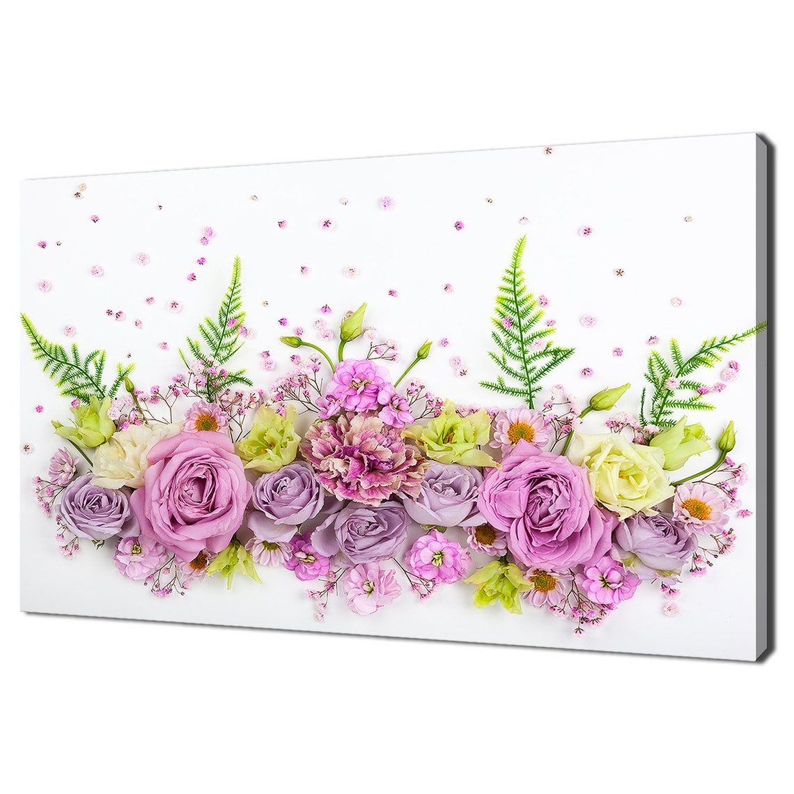 Pink And Lilac Roses Bouquet Flat Lay On White Floral Wall Art Print