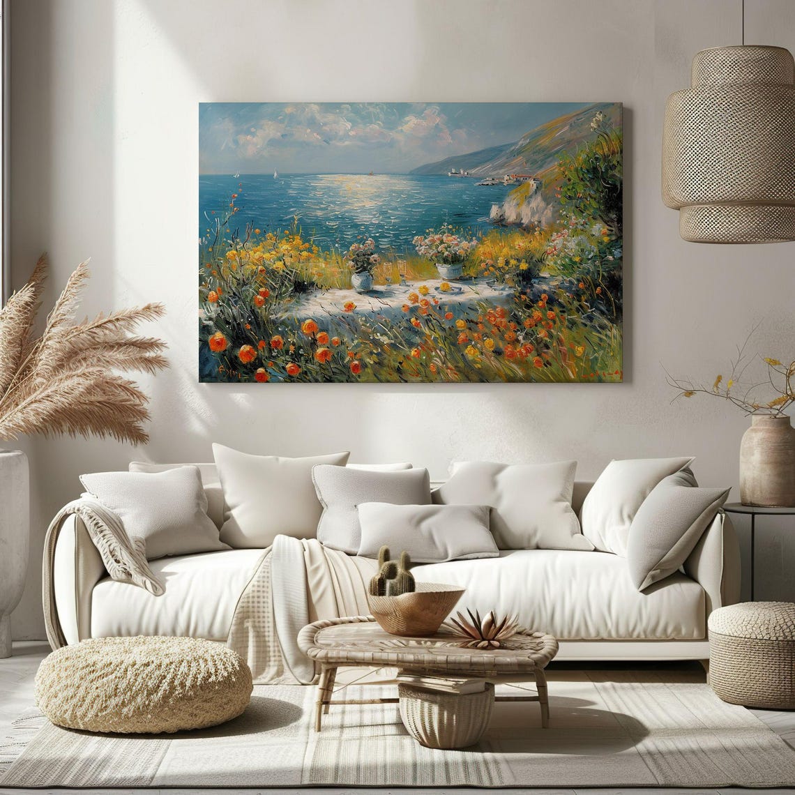 Mediterranean Coast Sailboats Cliffs Wildflowers Impressionist Poster - Image 2
