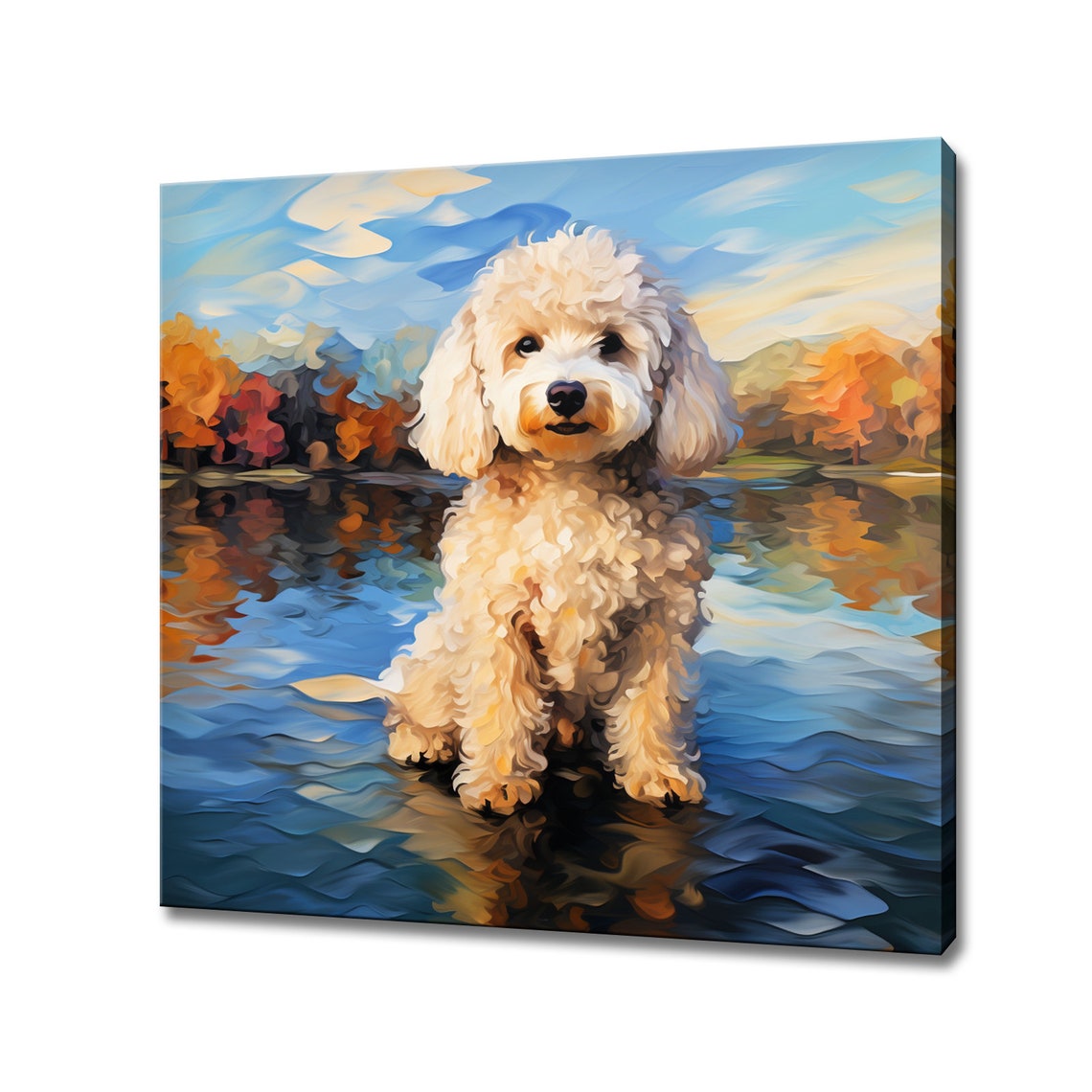 White Poodle Sitting In Lake With Autumn Trees Painting Wall Poster