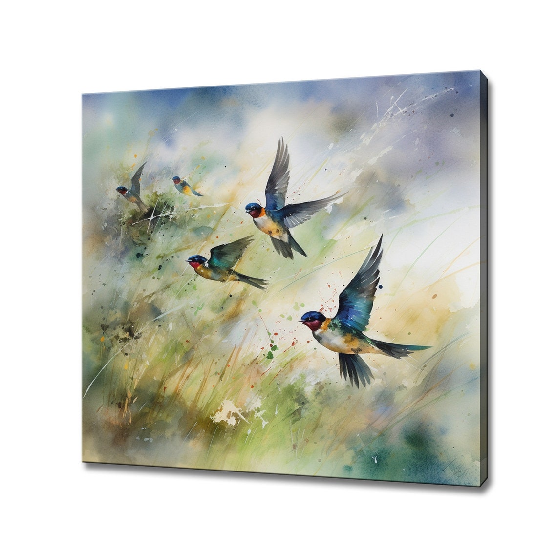 Barn Swallows In Flight Over Meadow Watercolor Wall Art Print