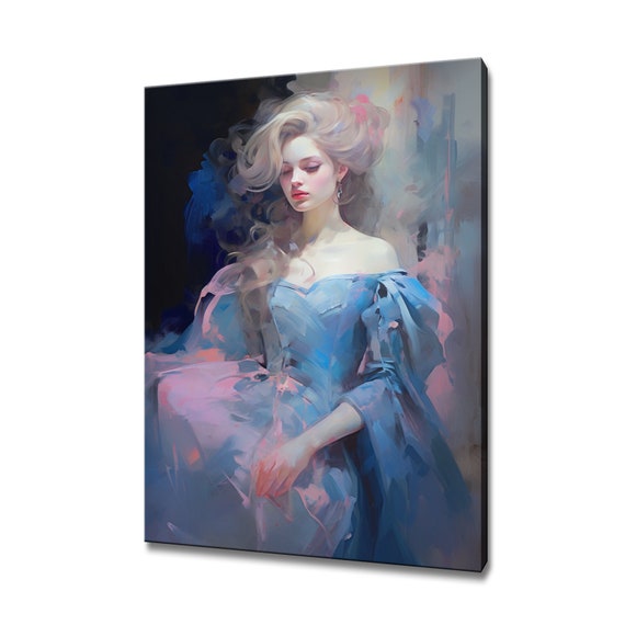 Elegant Lady In Blue Pink Victorian Baroque Puffy Dress Painting Style Print Modern Design Home Decor Fashion Wall Art Gift For Her