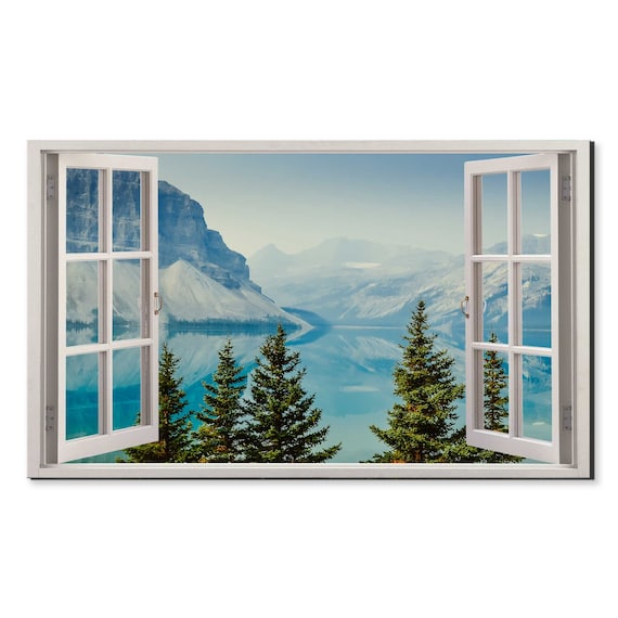Blue Lake Mountains Trees Window View Window Frame Style Modern Design Home Decor Print Wall Art Picture Ready To Hang