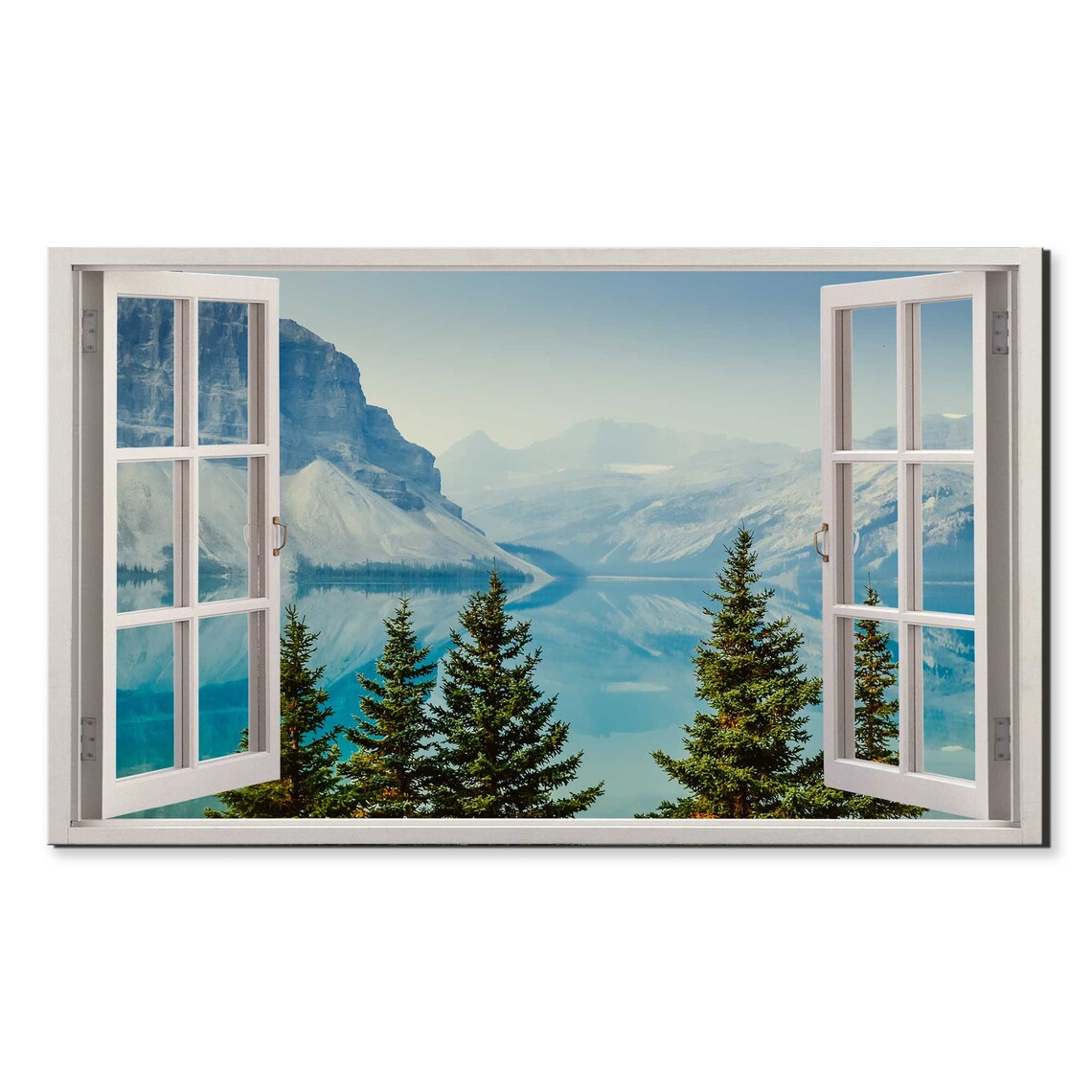 Blue Lake Mountains Trees Window View Window Frame Style Modern Design Home Decor Print Wall Art Picture Ready To Hang