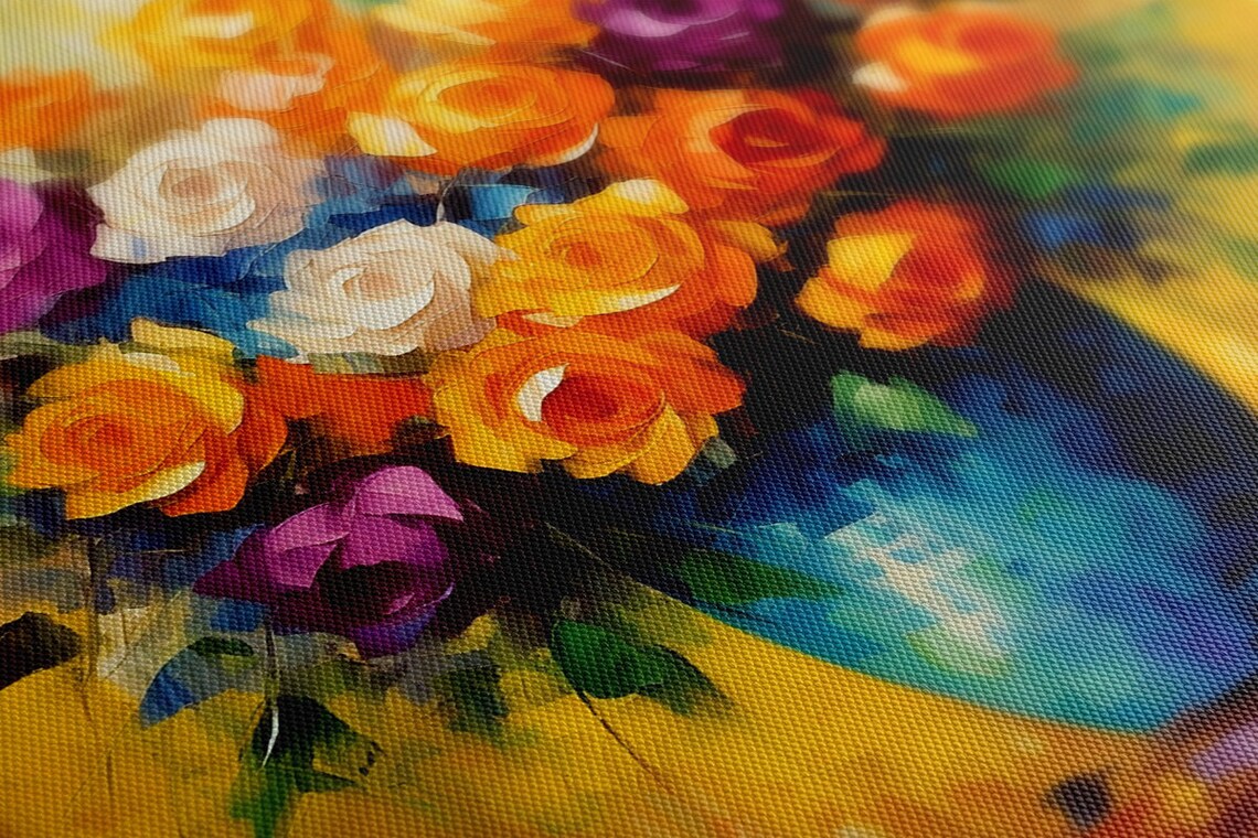 Colourful Roses Bouquet in Blue Vase Oil Painting Floral Art Poster - Image 3