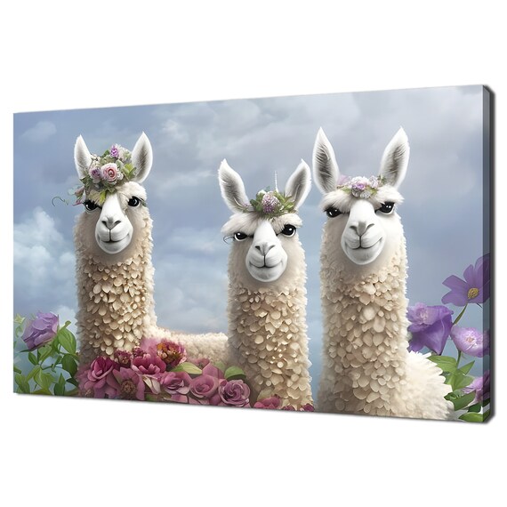 Three Cute Llamas Flower Crowns Purple Flowers Funny Animal Portrait Wall Art