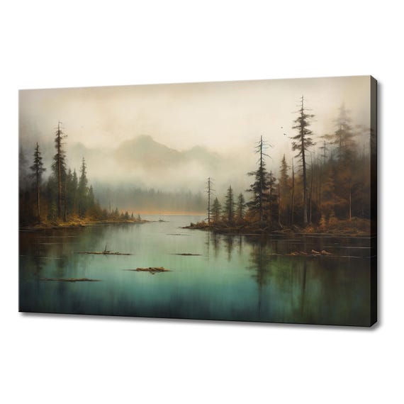 Foggy Lake By The Mountains Vintage Landscape Painting Style Print Farmhouse Decor Art Picture Wall Hanging Fine Art Print