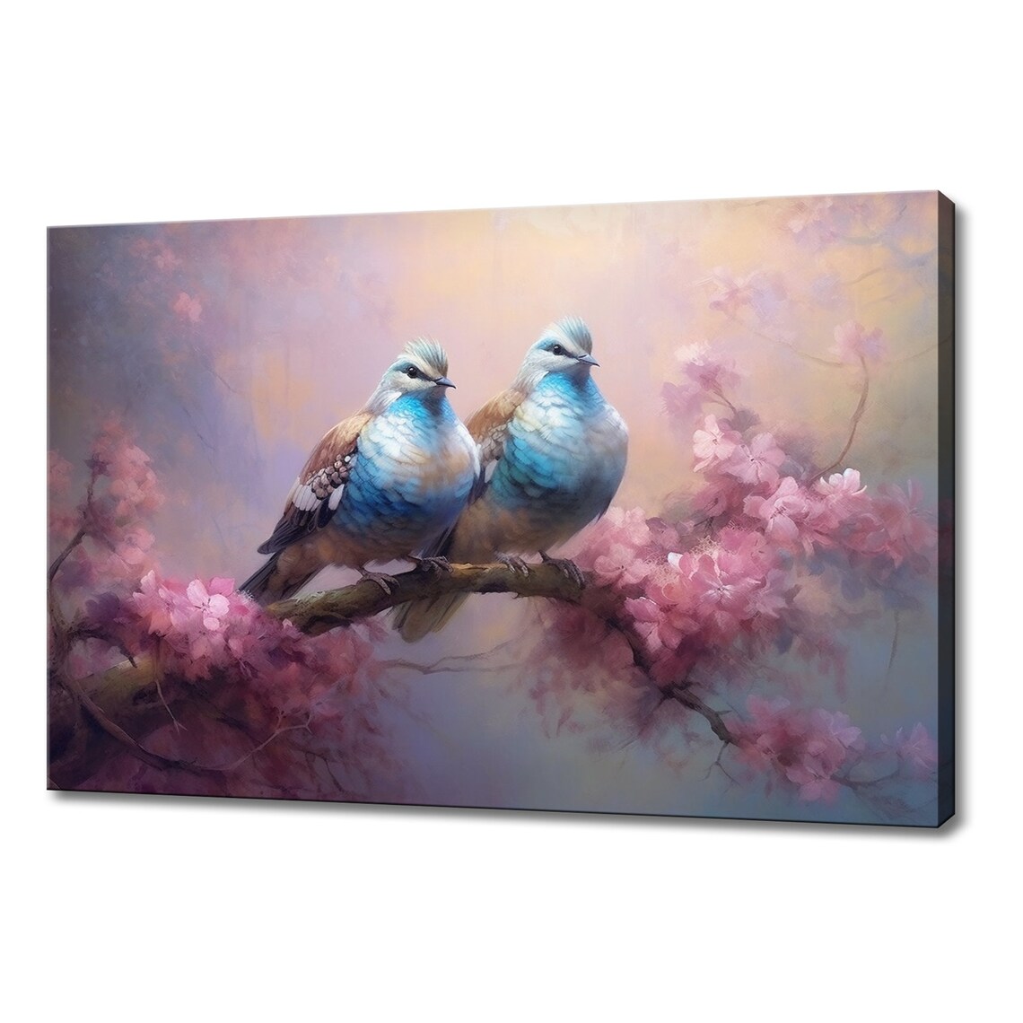 Pair Of Soft Blue Birds Resting On Pink Blossom Branch Wall Art