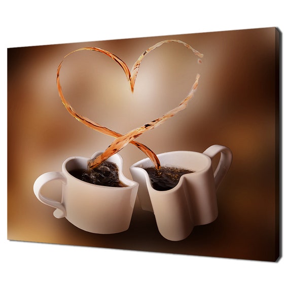 Two Heart Shaped Cups Of Coffee Splash Modern Kitchen Design Home Decor Print Wall Art Wall Hanging