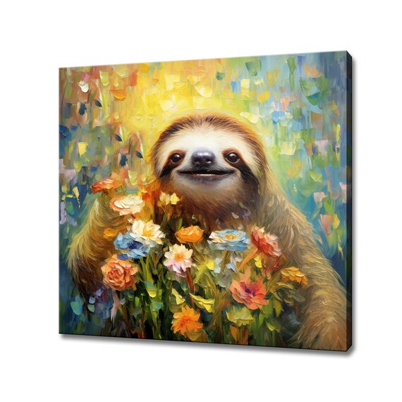 Cute Sloth With Flowers Colourful Portrait Painting Pet Room Wall Art Print Poster