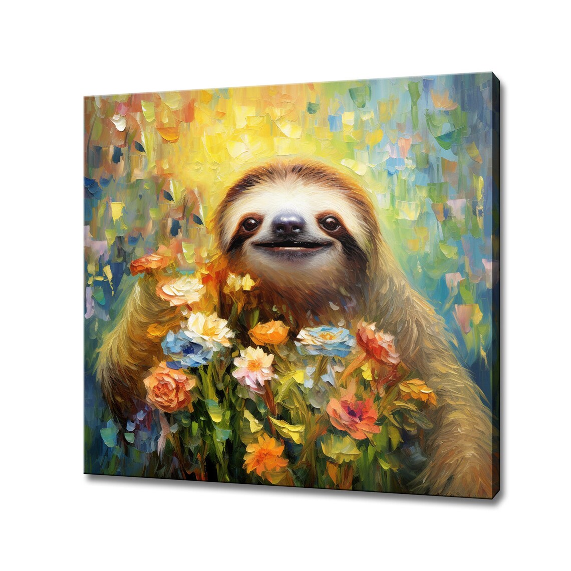 Cute Sloth With Flowers Colourful Portrait Painting Pet Room Wall Art Print Poster
