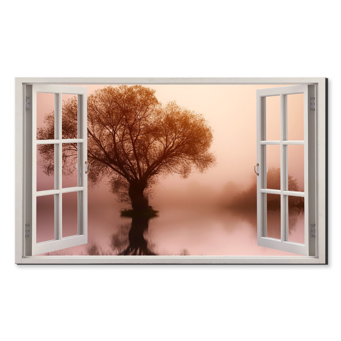 Lone Tree On Foggy Lake Pink Dawn Window Frame 3D Illusion Poster