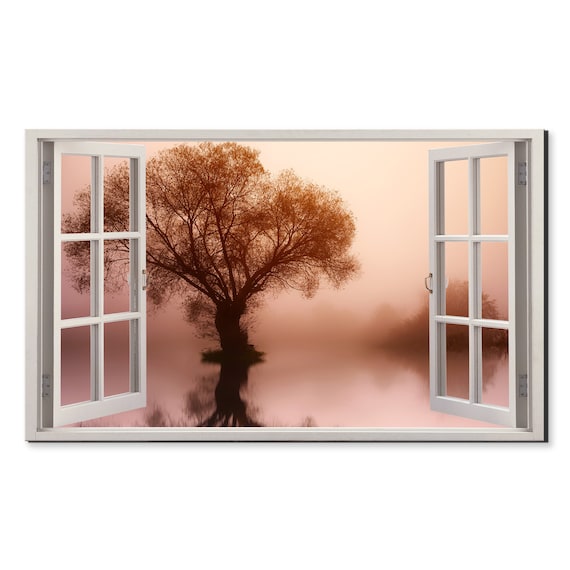 Tree On The Foggy Lake Window View Window Frame Style Modern Design Home Decor Print Wall Art Picture Ready To Hang