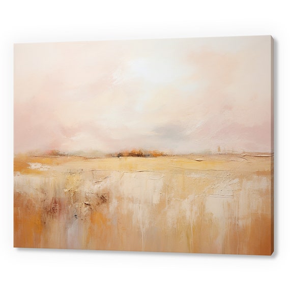 Vintage Country Landscape Golden Fields Moody Painting Style Print Farmhouse Decor Art Neutral Nature Picture Wall Hanging