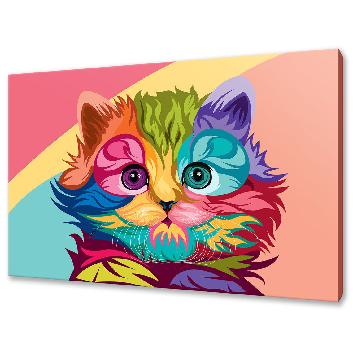 Rainbow Colorful Kitten Pop Art Portrait On Pastel Canvas Wall Art