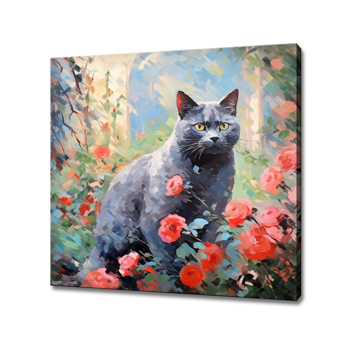 British Shorthair Cat Among Red Roses Impressionist Art Poster