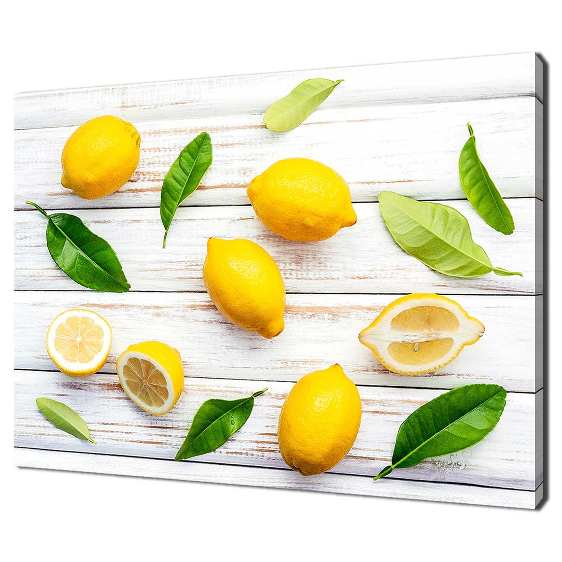 Fresh Yellow Lemons Green Leaves White Wooden Table Kitchen Print