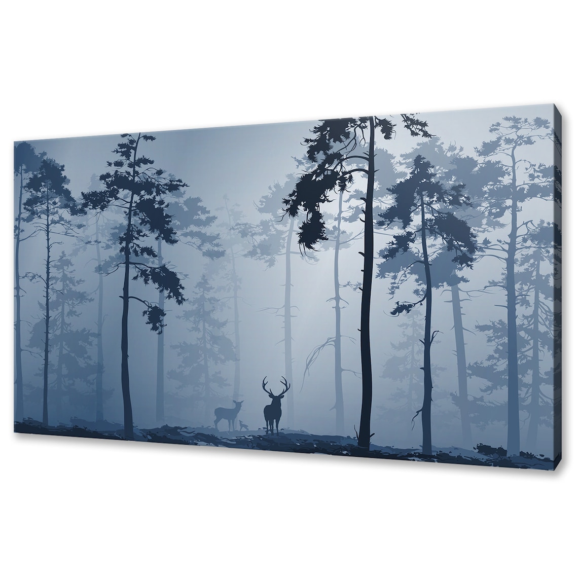 Deer Stag Family Blue Foggy Forest Herd Misty Woodland Wall Art Print Poster