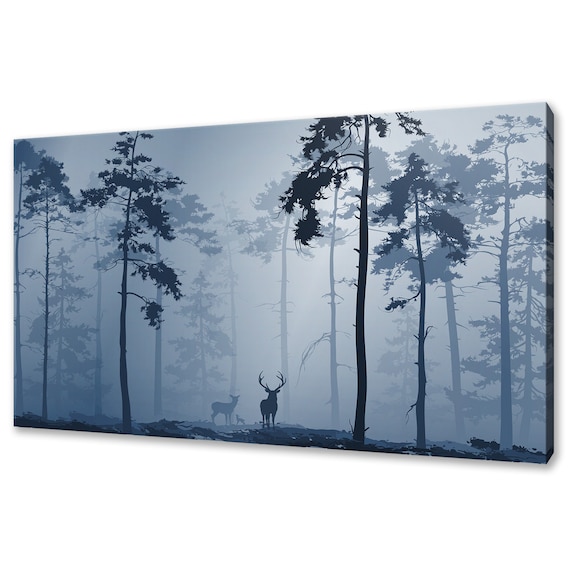Deer Stag Family Blue Foggy Forest Herd Misty Woodland Wall Art Print Poster