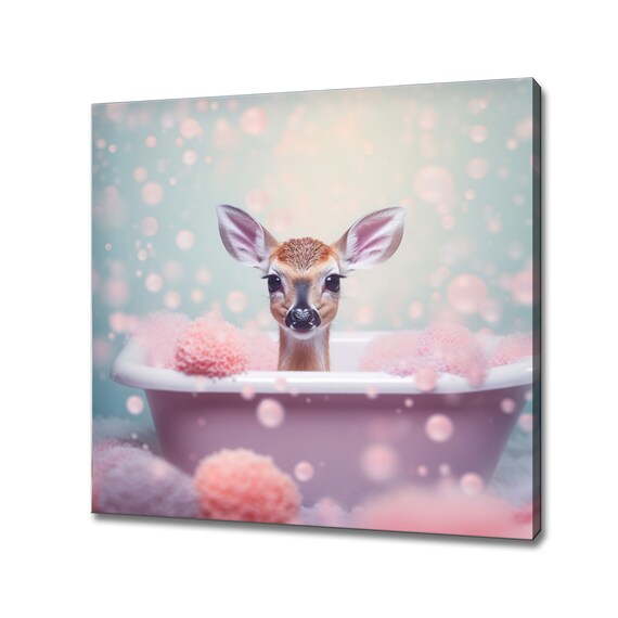 Cute Baby Deer in Bathtub Pink Bubbles Pastel Nursery Funny Bathroom Wall Art Print