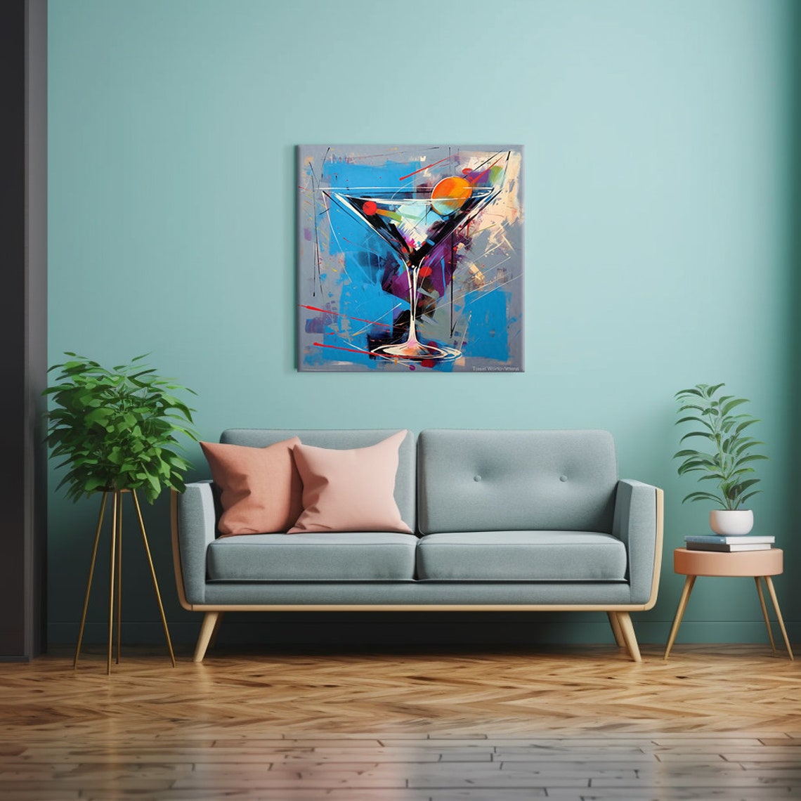 Abstract Martini Glass Olive Blue Red Modern Bar Art Painting Poster - Image 2
