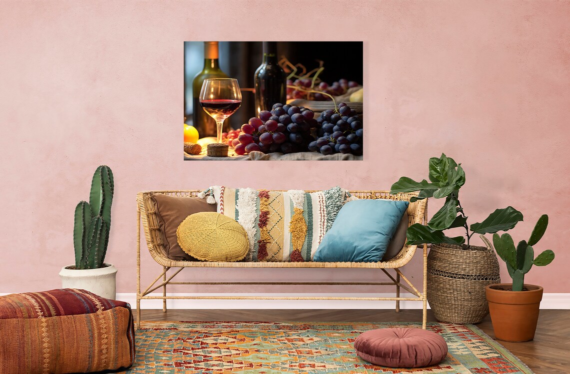 Red Wine Bottles Glass Of Wine And Purple Grapes Moody Still Life Poster - Image 4