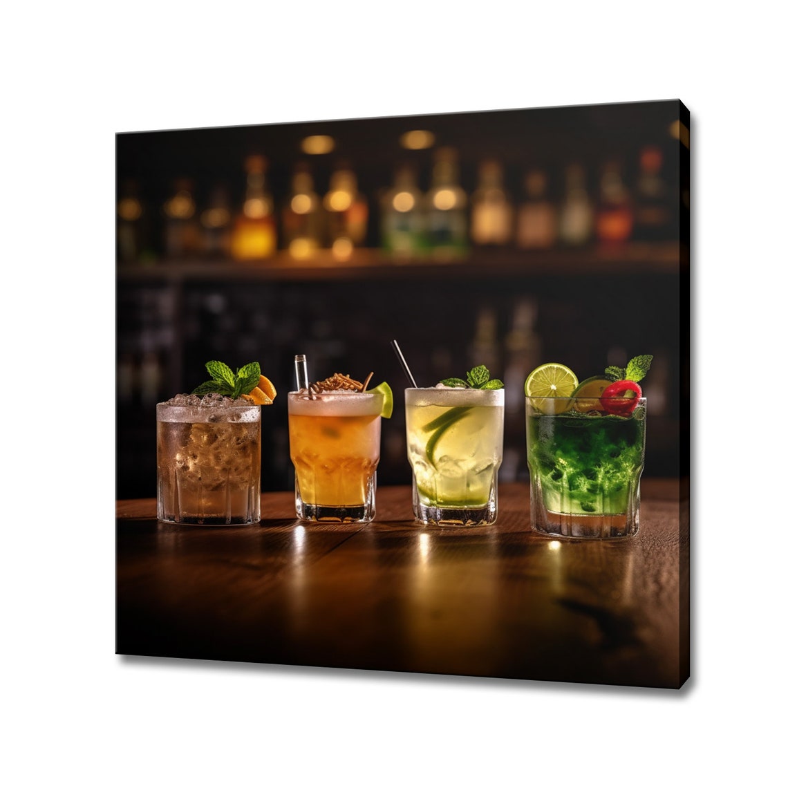 Four Cocktail Glasses Bar Counter Photo Kitchen Decor Wall Art