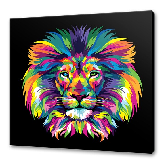Rainbow Colourful Lion Portrait Abstract Pop Art Black Wall Poster