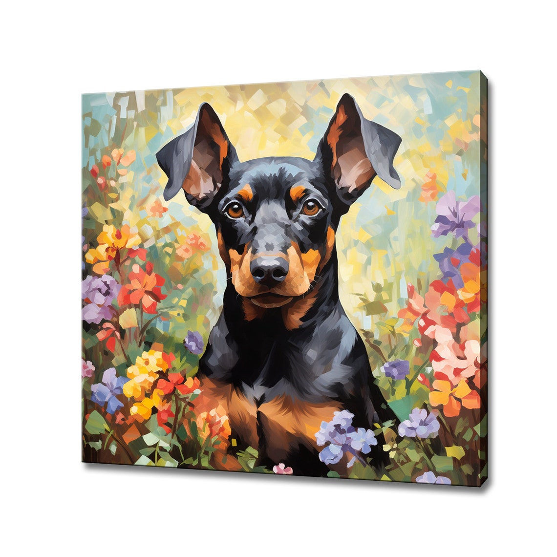 Sweet Doberman Puppy Among Colorful Flowers Portrait Wall Print