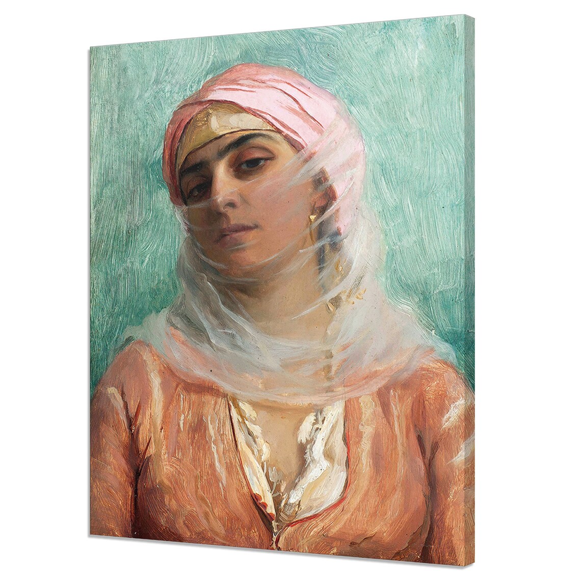 Mysterious Veiled Woman In Pink Turban Vintage Oil Portrait Fine Art Print