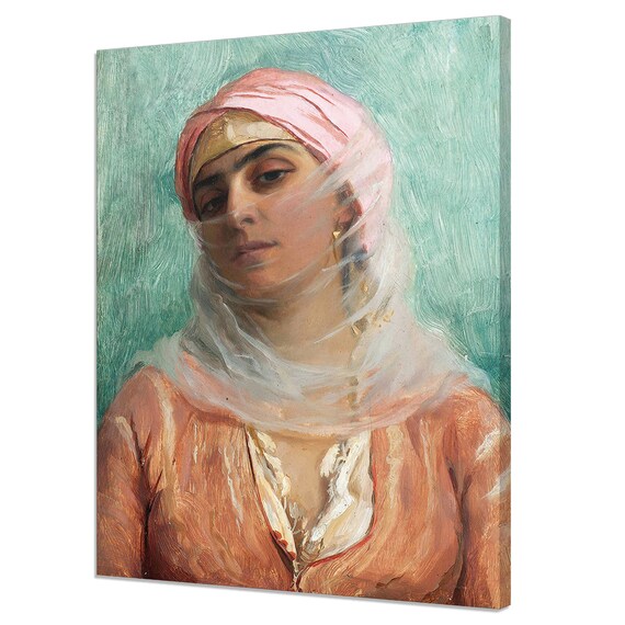 Mysterious Veiled Woman In Pink Turban Vintage Oil Portrait Fine Art Print