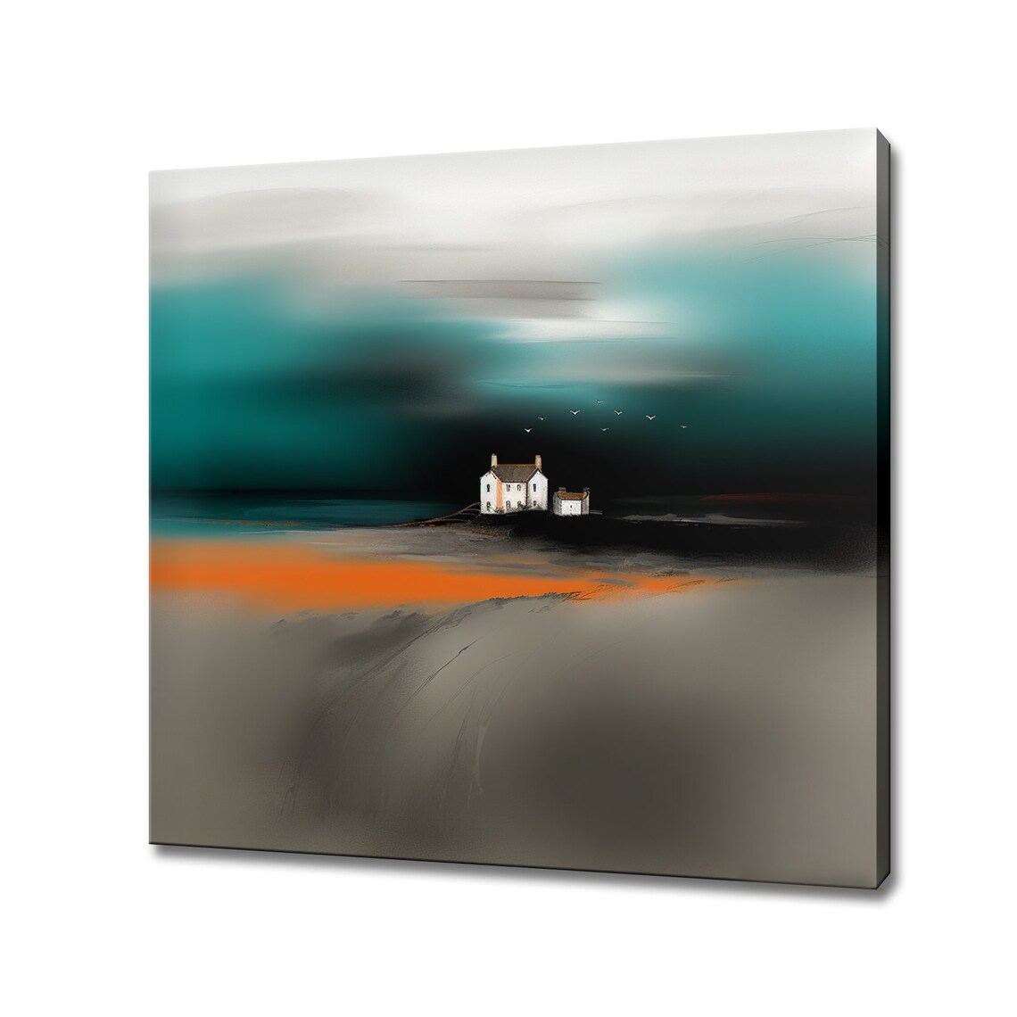 White Cottage By The Sea At Dusk Teal Orange Abstract Painting Print