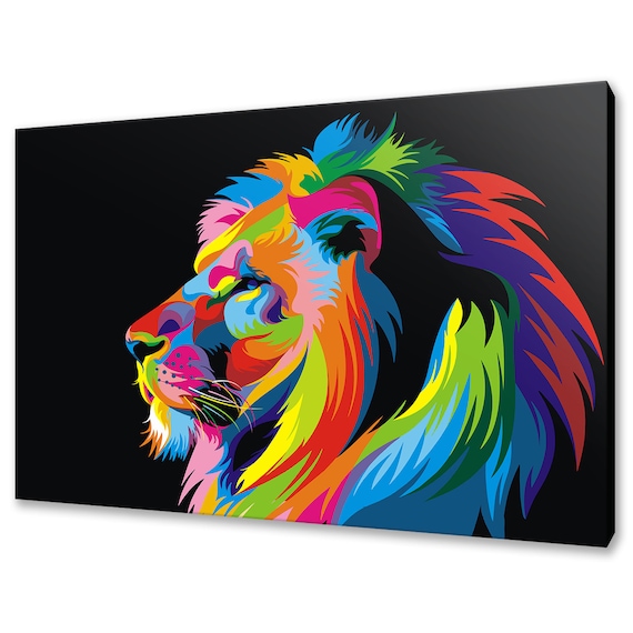 Colorful Lion Profile Pop Art Rainbow Mane Black Background Canvas Print