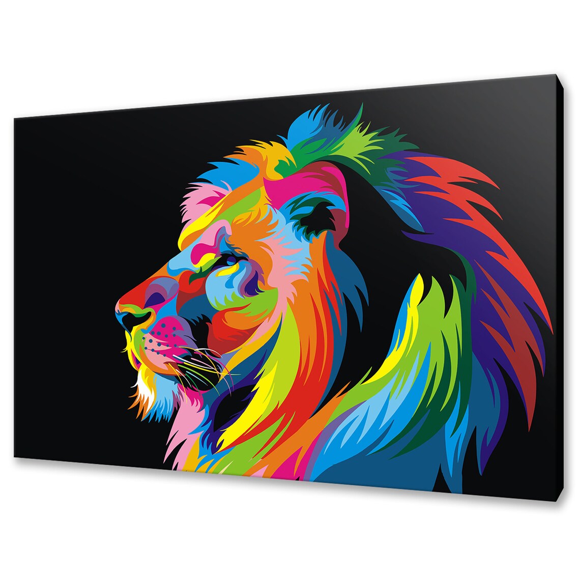 Colorful Lion Profile Pop Art Rainbow Mane Black Background Canvas Print