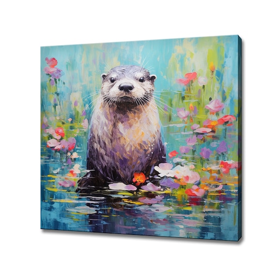 Cute Otter Among Floating Flowers Turquoise Water Painting Poster