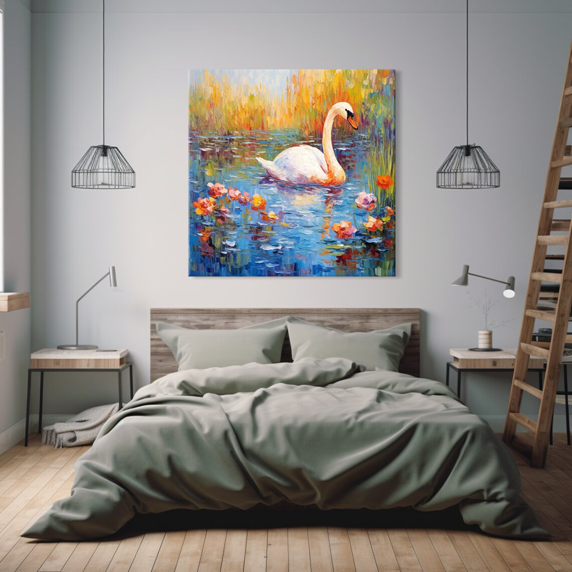 Graceful Swan On Golden Flower Lake Vibrant Impressionist Art Poster - Image 4