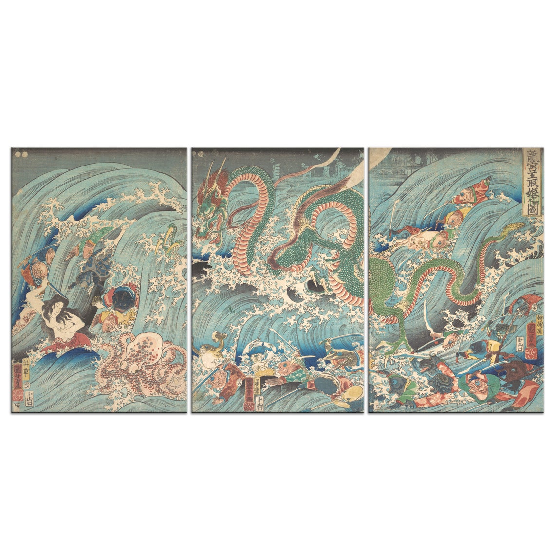 Recovering The Stolen Jewel From The Palace Of The Dragon King 1853 Utagawa Kuniyoshi 3 Panels Modern Print Wall Art Home Decor