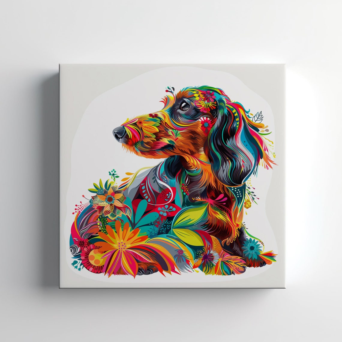 Dachshund Profile Colorful Floral Portrait Cute Dog Lover Wall Art