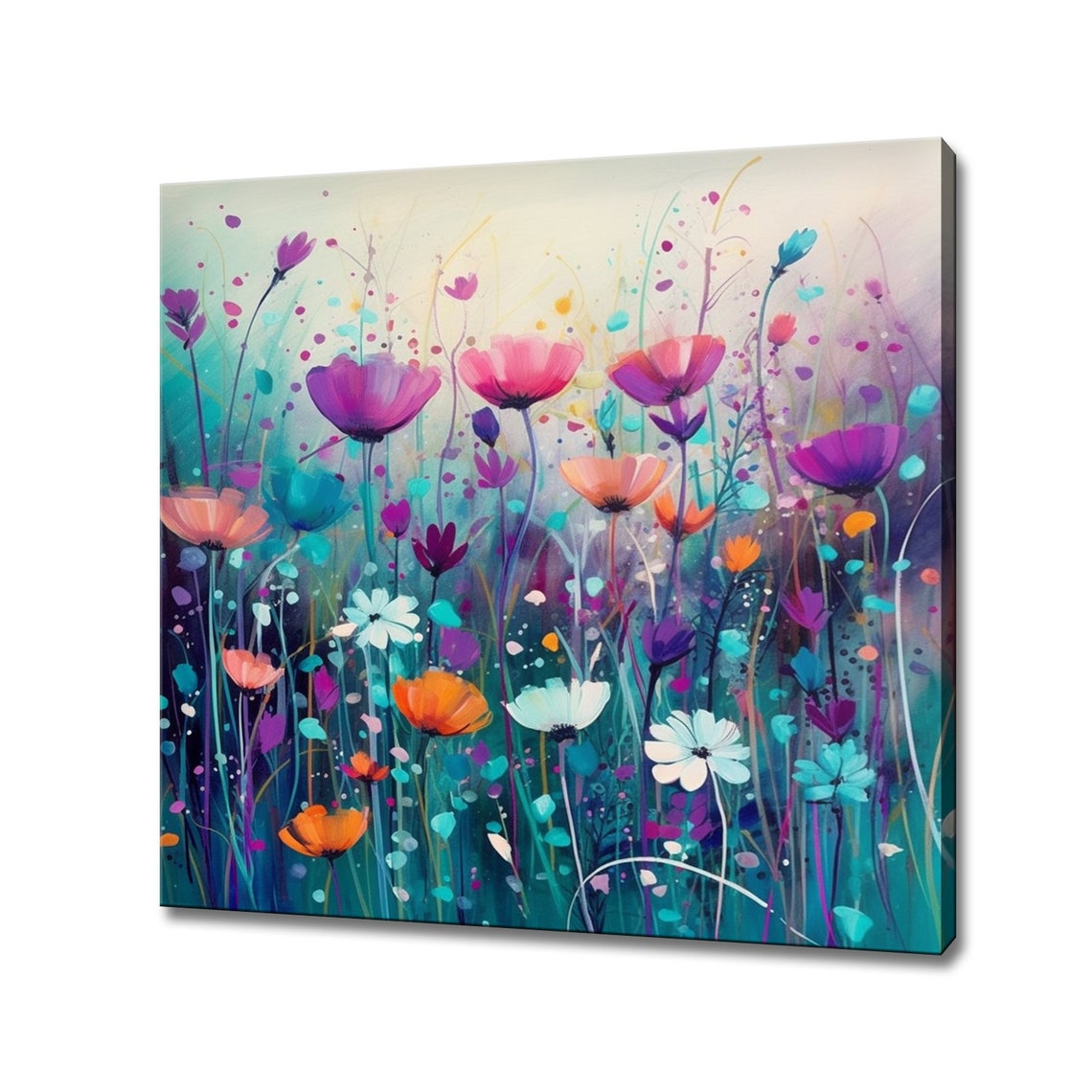 Whimsical Wildflower Meadow Tall Stems Teal Abstract Painting Poster